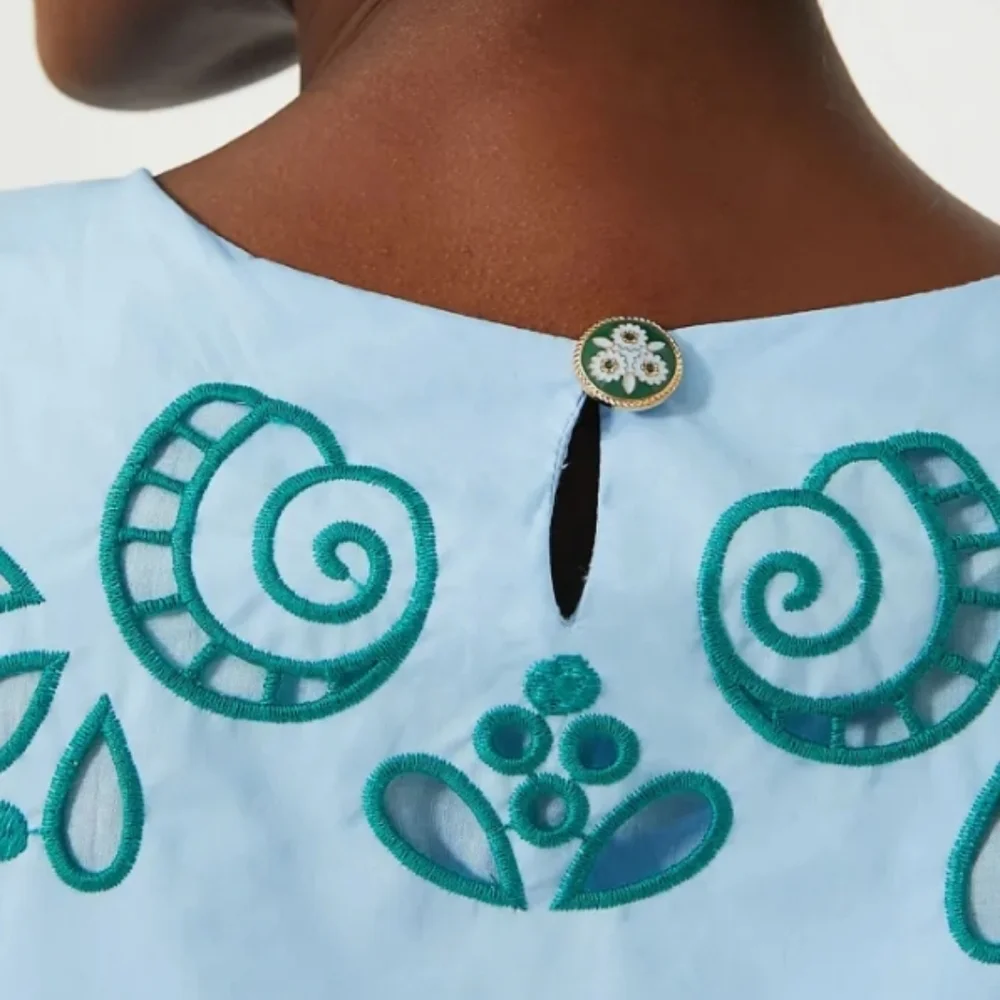 Farm Rio Richelieu Light Blue And Green Cropped Scalloped Hem Top Size XL Cotton - Picture 5 of 15